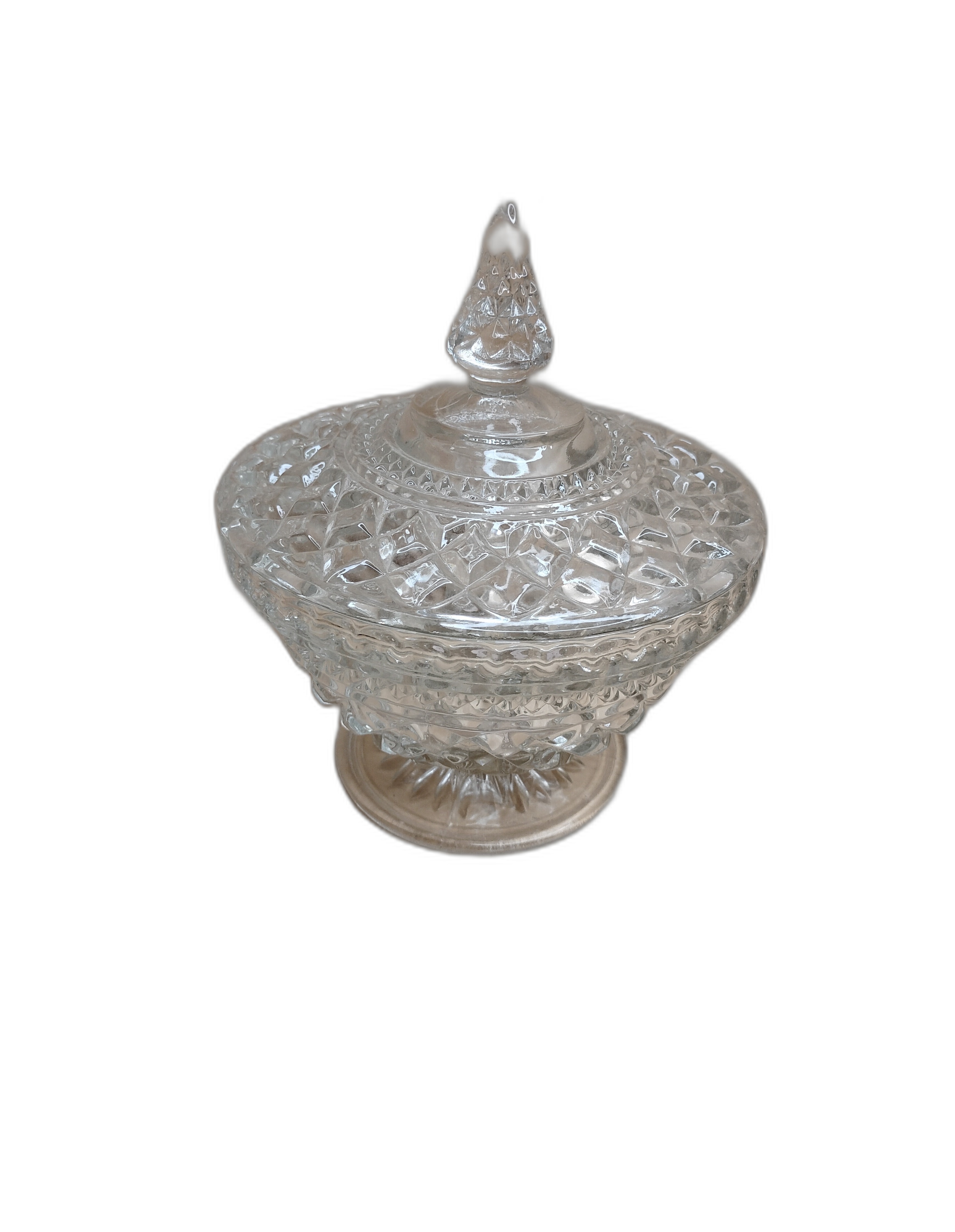 Vintage Crystal or Glass Covered Candy Dish with Ornate Pattern