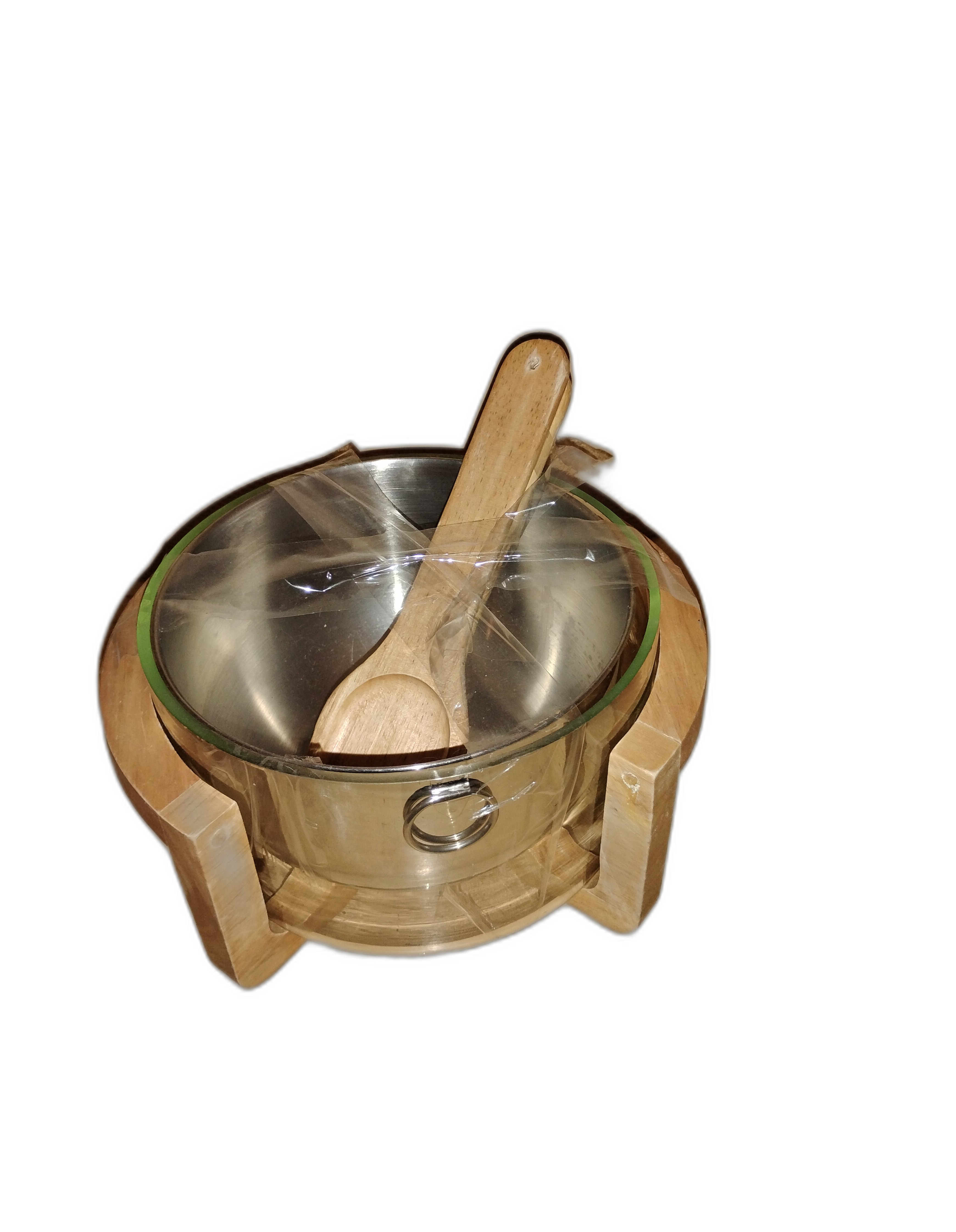 Glass metal serving,Mixing Bowl Set  in wooden stand